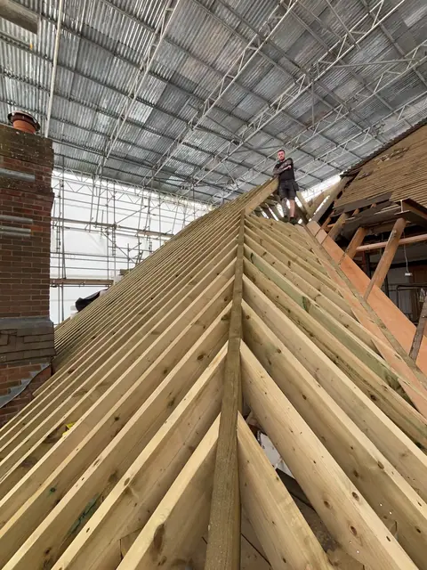 The latest little mission. Not the roof just the 8”x3”s @ 300 centers! Me and Na